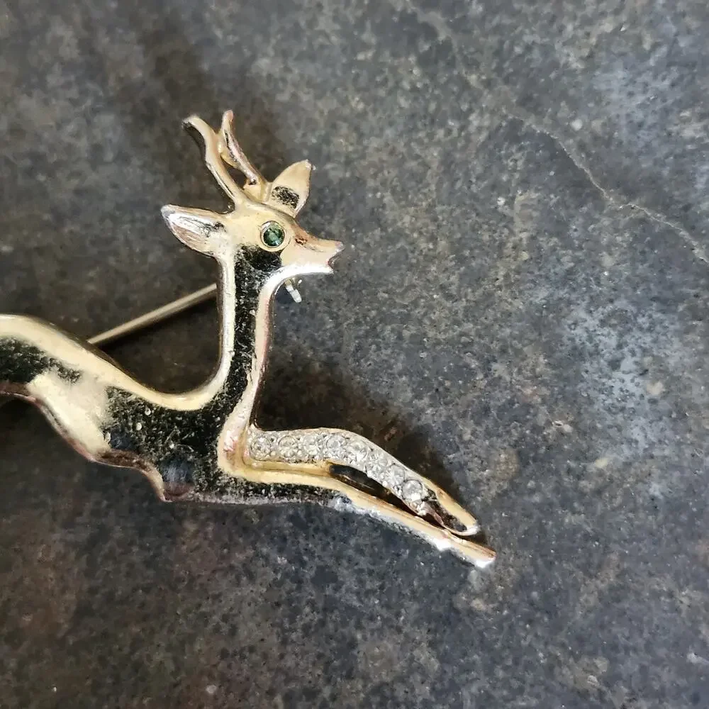 Vtg Gold Tone Brooch Pin Reindeer Ibex Gazelle Antelope Rhinestone Signed Cor.